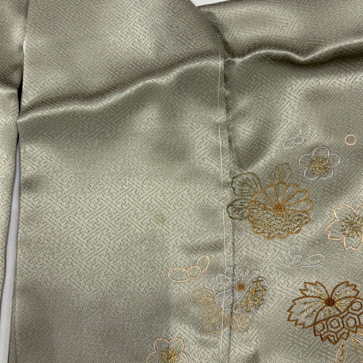 【美品】訪問服 身長155cm 袖長64cm M 雙層 橘 草花紋 金糸 刺繡 灰綠 純蠶絲 秀品級