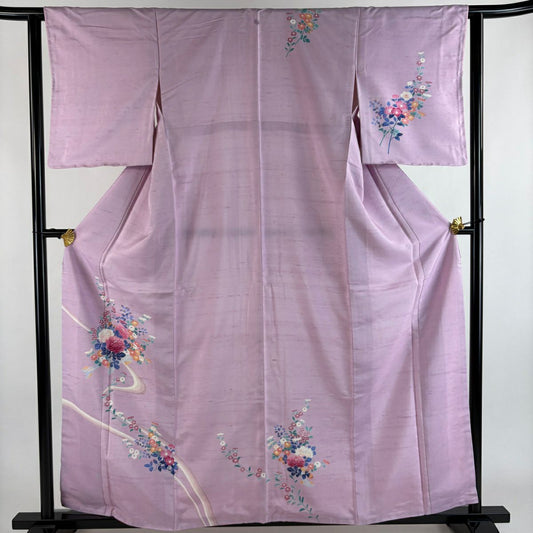 訪問服 身長160cm 袖長63cm S 雙層 紬織織 花束 薄紫 純蠶絲 秀品級 一つ紋