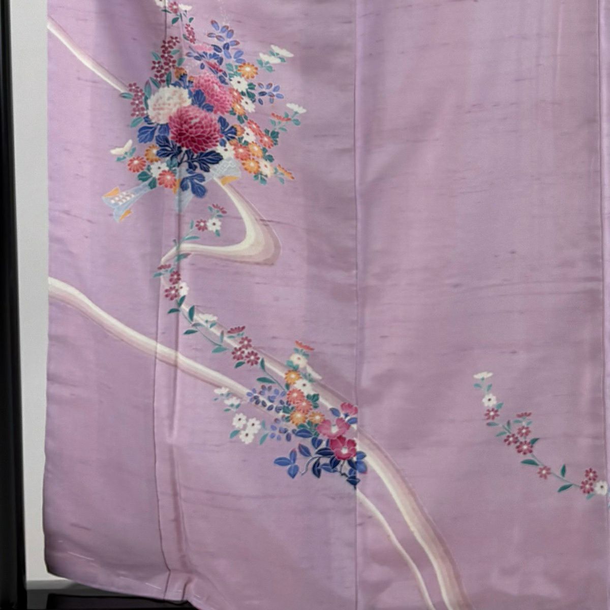 訪問服 身長160cm 袖長63cm S 雙層 紬織織 花束 薄紫 純蠶絲 秀品級 一つ紋
