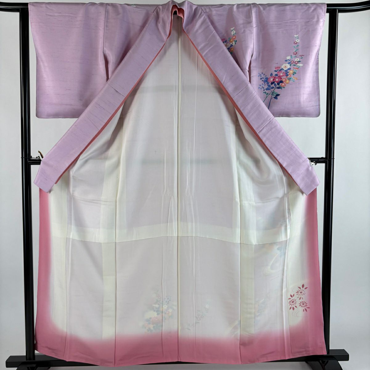 訪問服 身長160cm 袖長63cm S 雙層 紬織織 花束 薄紫 純蠶絲 秀品級 一つ紋