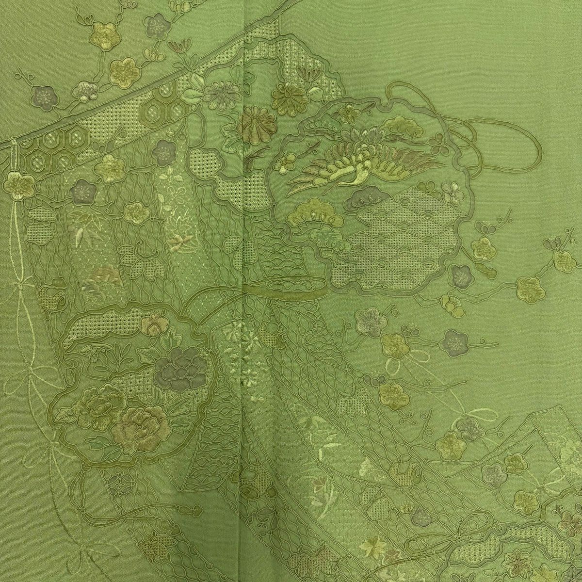 付下 身長157cm 袖長64.5cm M 雙層 幾帳 雪輪 刺繡 綠 純蠶絲 秀品級