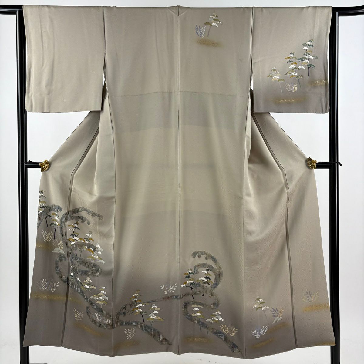 訪問服 身長150cm 袖長63cm S 雙層 波頭 松樹 金銀彩 刺繡 灰茶 純蠶絲 秀品級