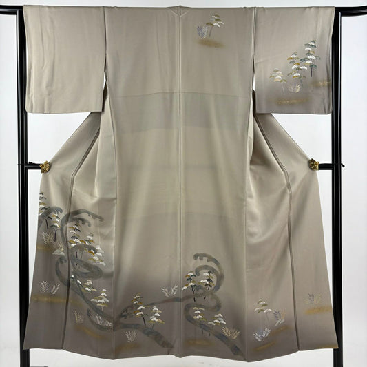 訪問服 身長150cm 袖長63cm S 雙層 波頭 松樹 金銀彩 刺繡 灰茶 純蠶絲 秀品級