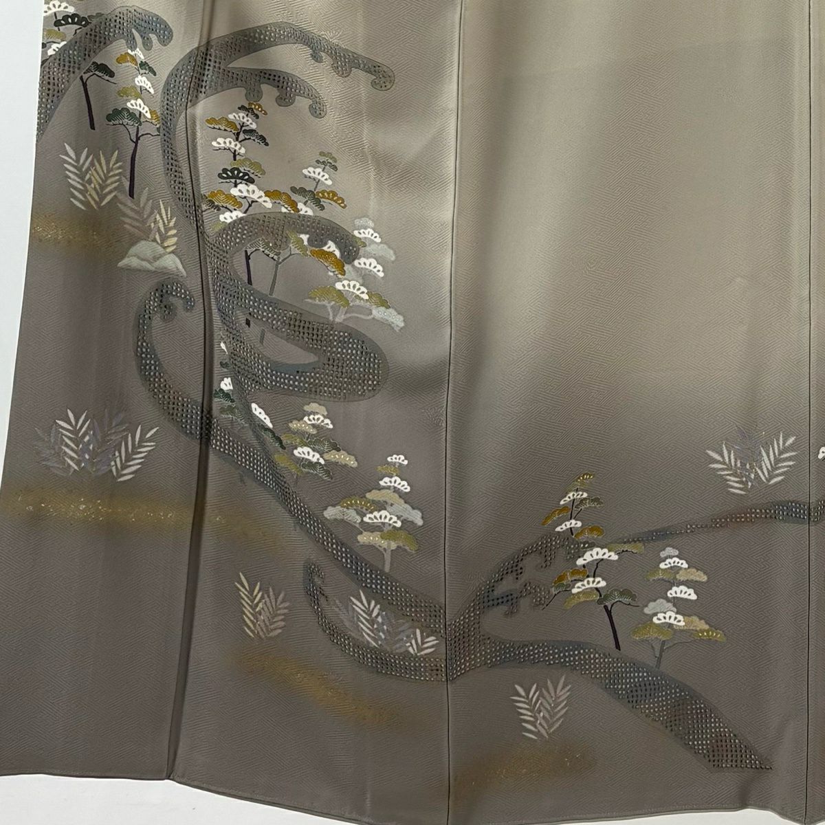 訪問服 身長150cm 袖長63cm S 雙層 波頭 松樹 金銀彩 刺繡 灰茶 純蠶絲 秀品級