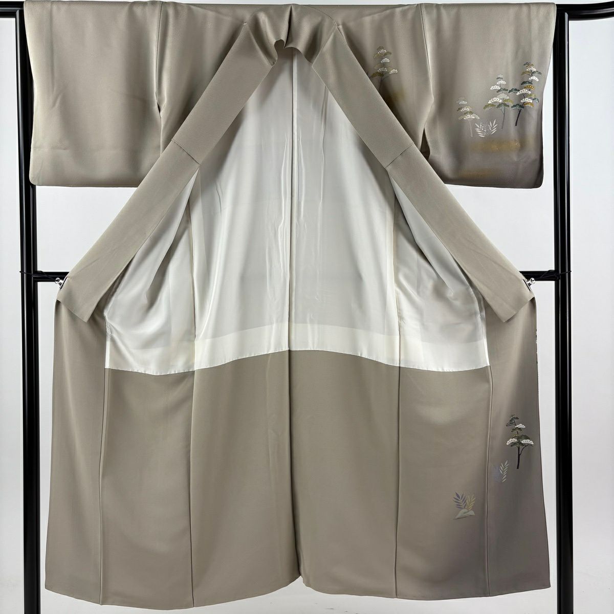 訪問服 身長150cm 袖長63cm S 雙層 波頭 松樹 金銀彩 刺繡 灰茶 純蠶絲 秀品級