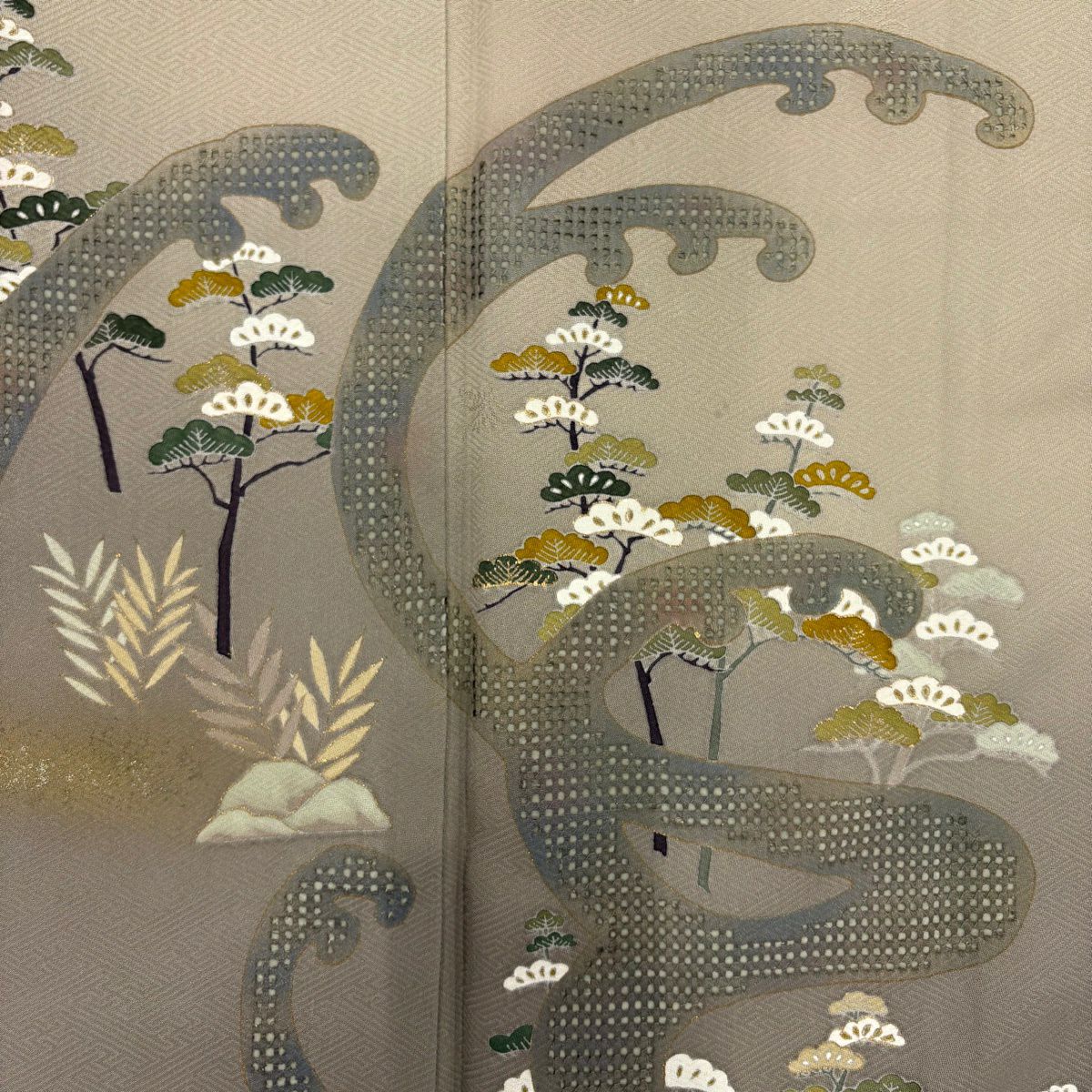 訪問服 身長150cm 袖長63cm S 雙層 波頭 松樹 金銀彩 刺繡 灰茶 純蠶絲 秀品級