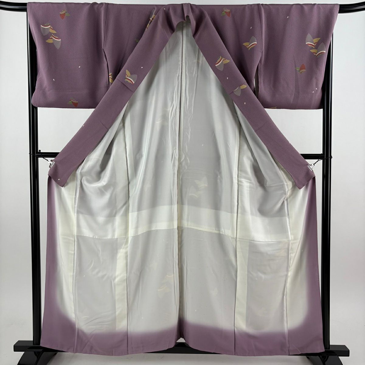 小紋 身長159cm 袖長67.5cm L 雙層 幾何學圖案 縮緬 紫 純蠶絲 優品級