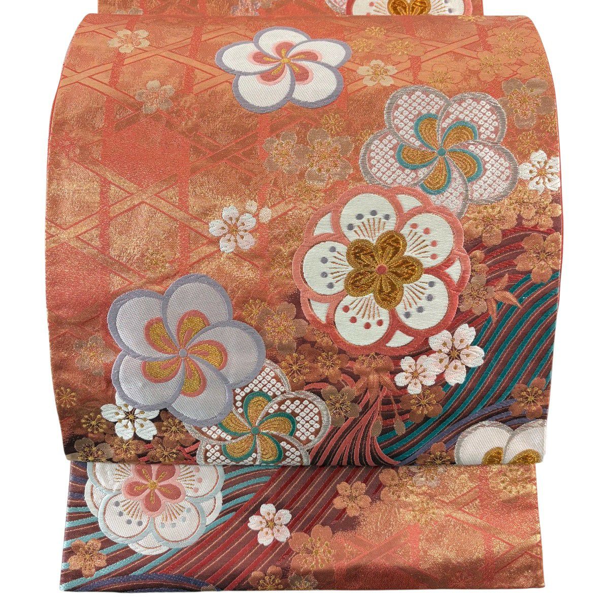 【美品】 袋帶 秀品級 梅花 波 金銀彩 金金箔 鮭粉色 大鼓圖案 純蠶絲