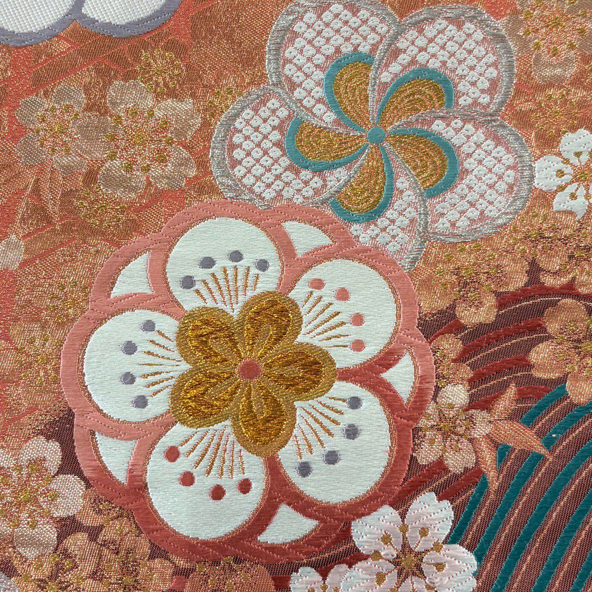 【美品】 袋帶 秀品級 梅花 波 金銀彩 金金箔 鮭粉色 大鼓圖案 純蠶絲
