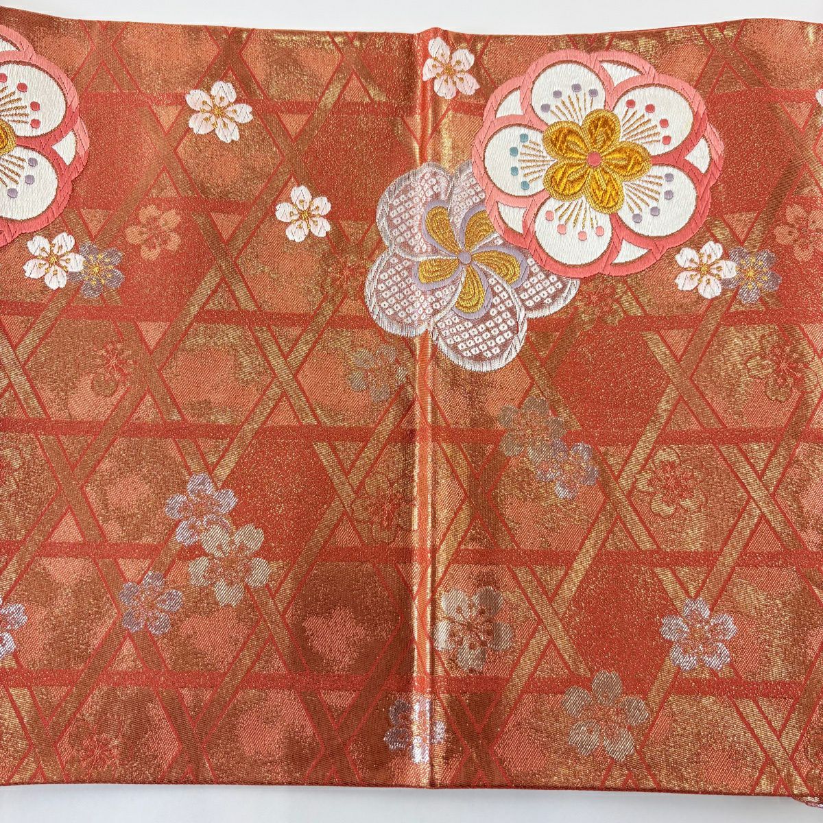 【美品】 袋帶 秀品級 梅花 波 金銀彩 金金箔 鮭粉色 大鼓圖案 純蠶絲