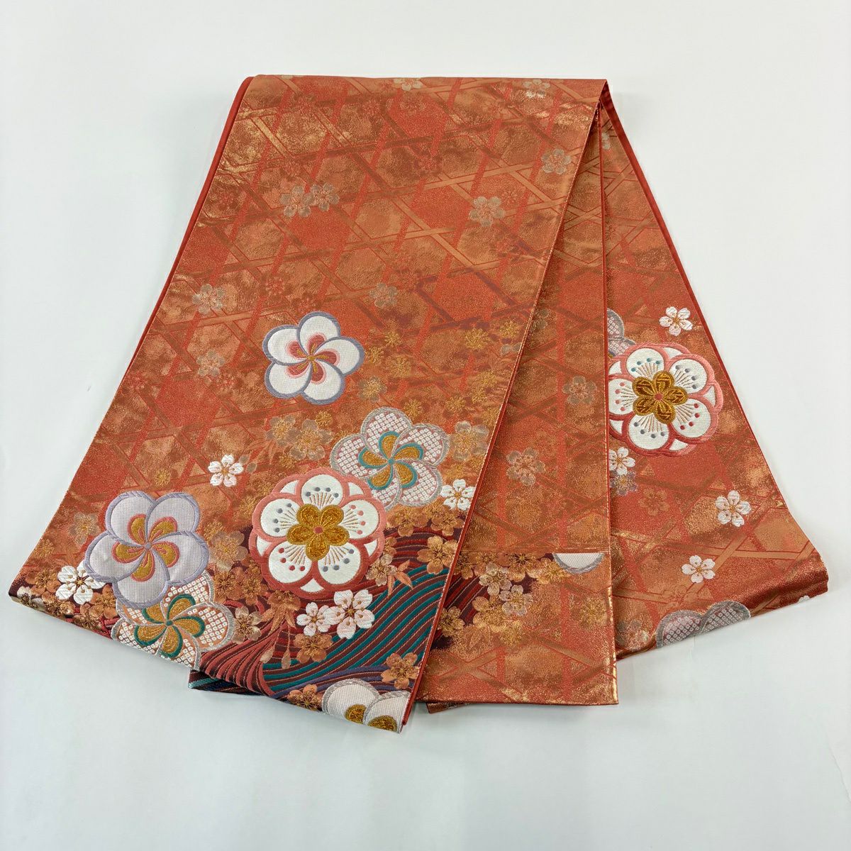 【美品】 袋帶 秀品級 梅花 波 金銀彩 金金箔 鮭粉色 大鼓圖案 純蠶絲