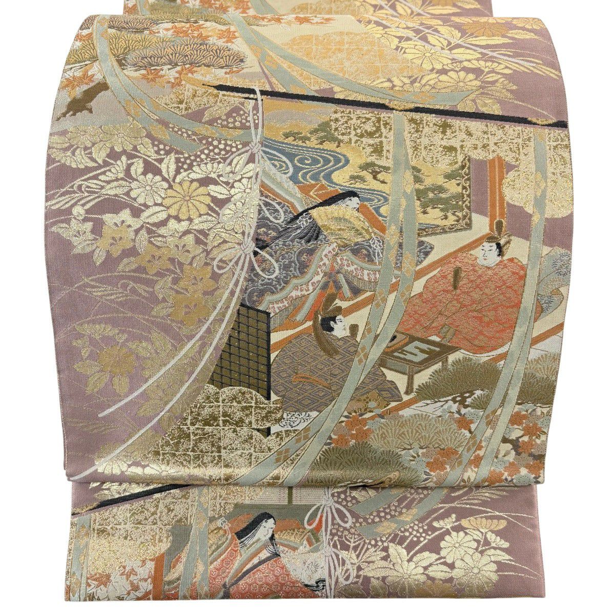 袋帶 秀品級 附有落款 藤三郎 幾帳 人物 金絲 金金箔 灰紫 六通 純蠶絲