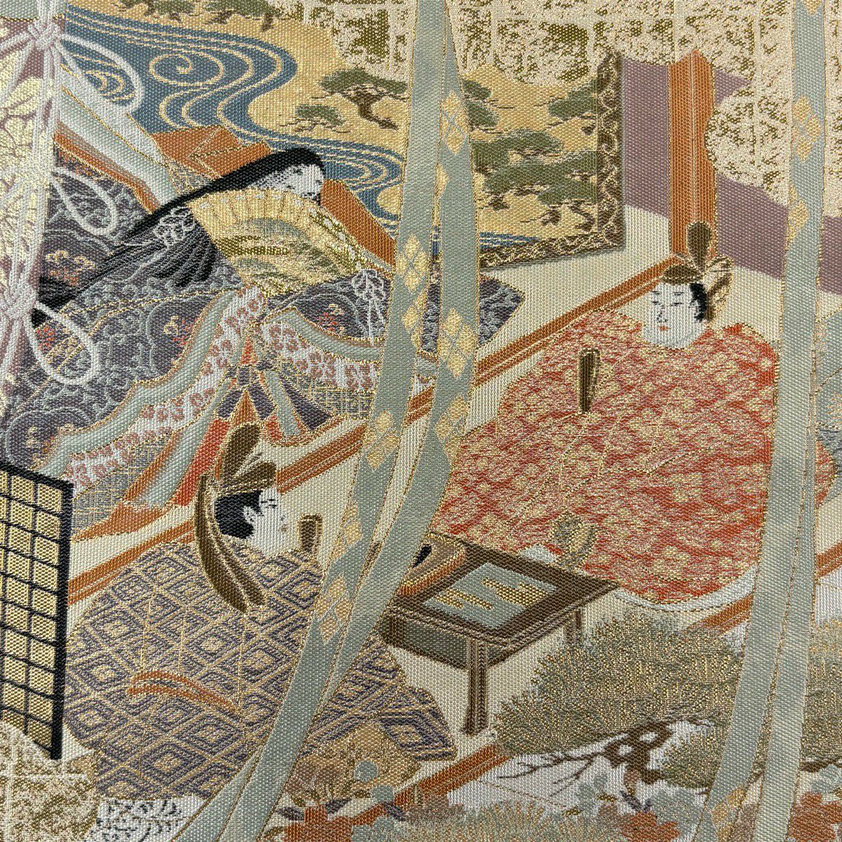 袋帶 秀品級 附有落款 藤三郎 幾帳 人物 金絲 金金箔 灰紫 六通 純蠶絲