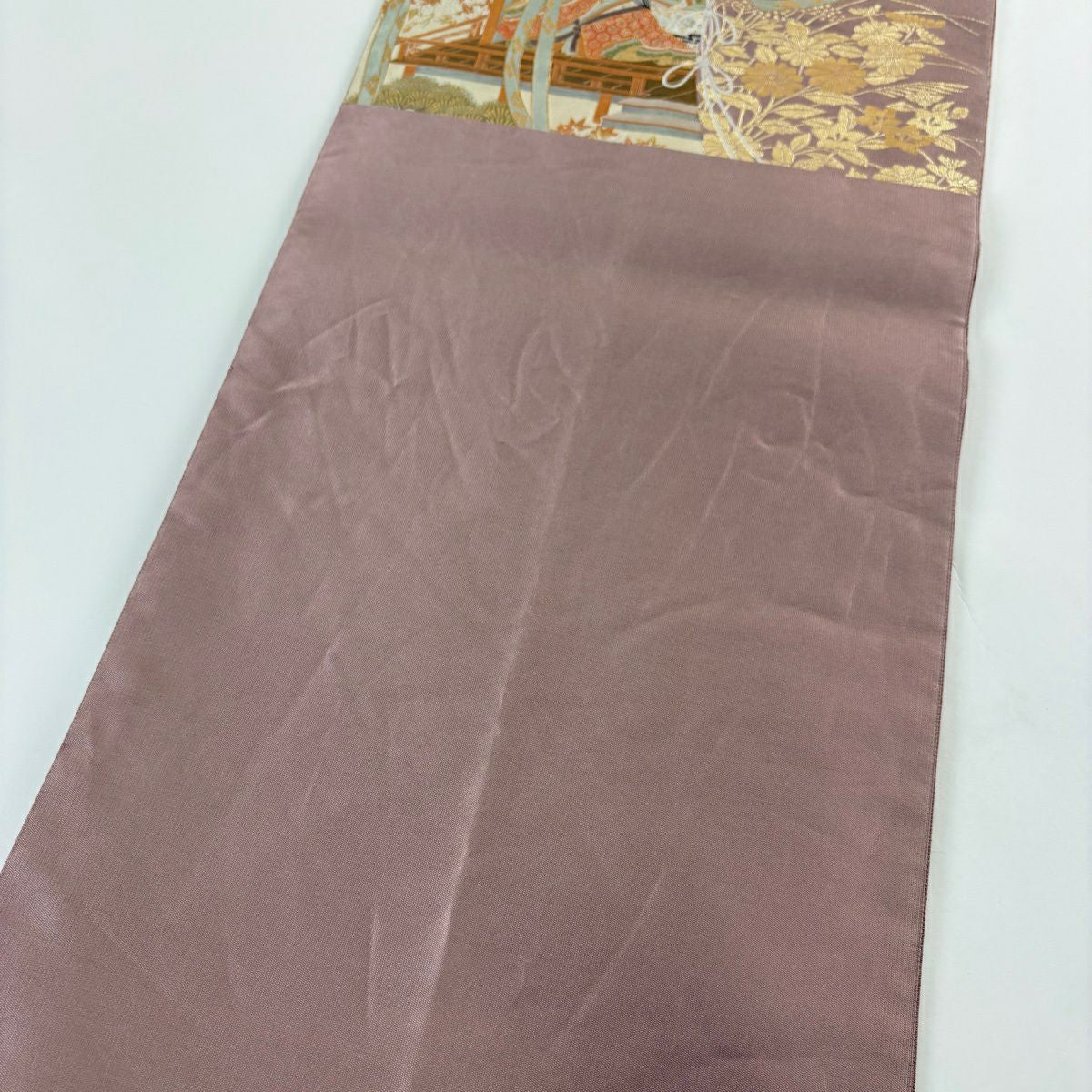 袋帶 秀品級 附有落款 藤三郎 幾帳 人物 金絲 金金箔 灰紫 六通 純蠶絲