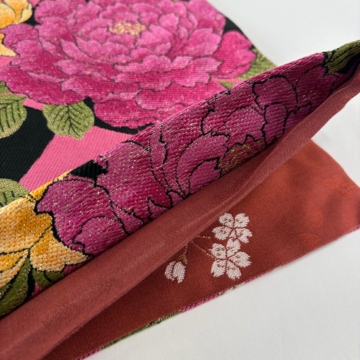 【美品】 袋帶 秀品級 牡丹 櫻花 金糸 金金箔 粉色 六通 純蠶絲