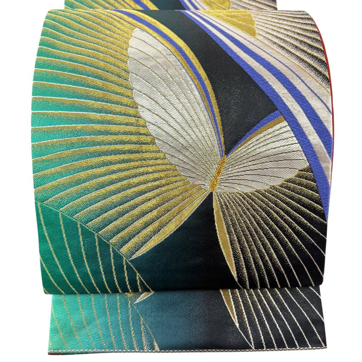 【美品】 袋帶 秀品級 蝴蝶 幾何學 金銀絲 金金箔 深藍 六通 純蠶絲