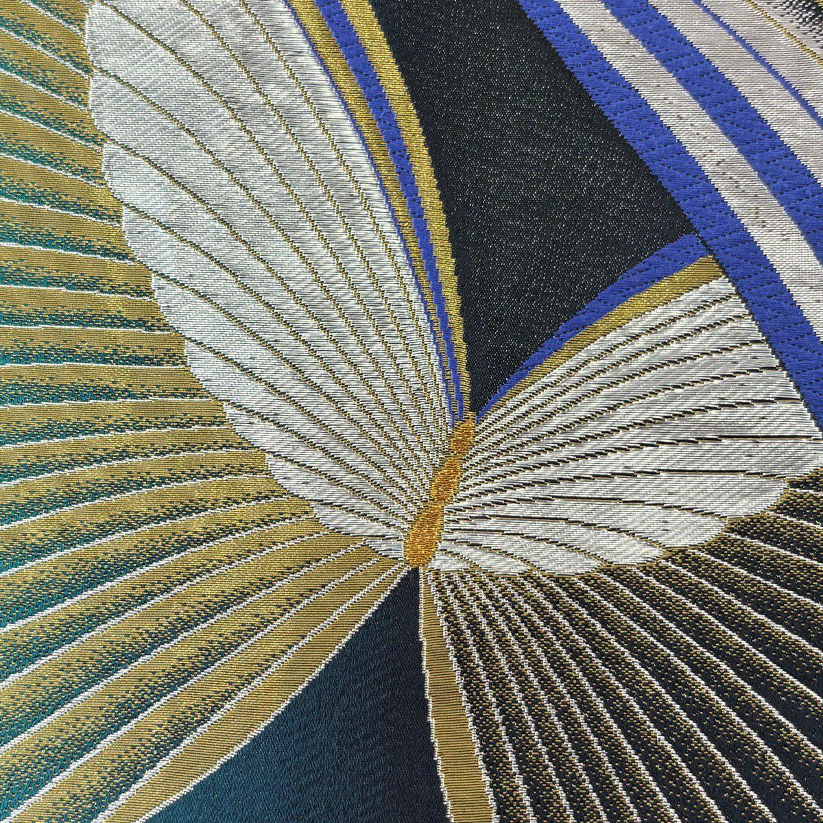 【美品】 袋帶 秀品級 蝴蝶 幾何學 金銀絲 金金箔 深藍 六通 純蠶絲
