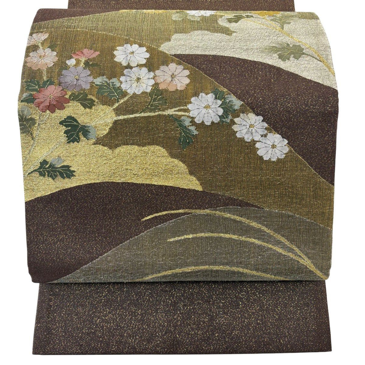 【美品】 袋帶 秀品級 菊花 雲文 金銀線 茶 お太鼓圖案 純蠶絲