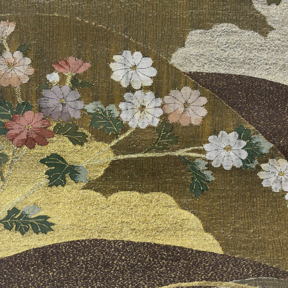 【美品】 袋帶 秀品級 菊花 雲文 金銀線 茶 お太鼓圖案 純蠶絲
