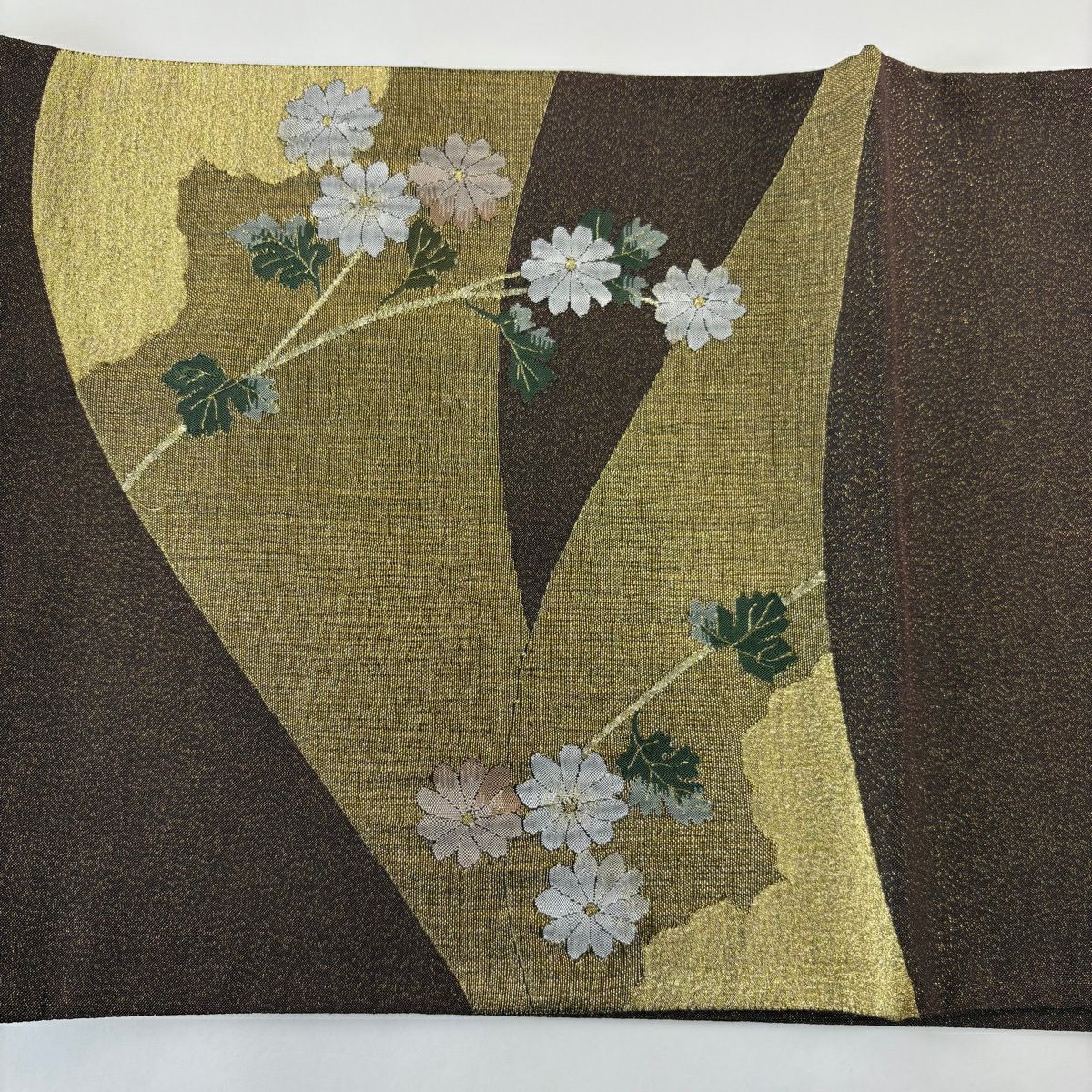 【美品】 袋帶 秀品級 菊花 雲文 金銀線 茶 お太鼓圖案 純蠶絲