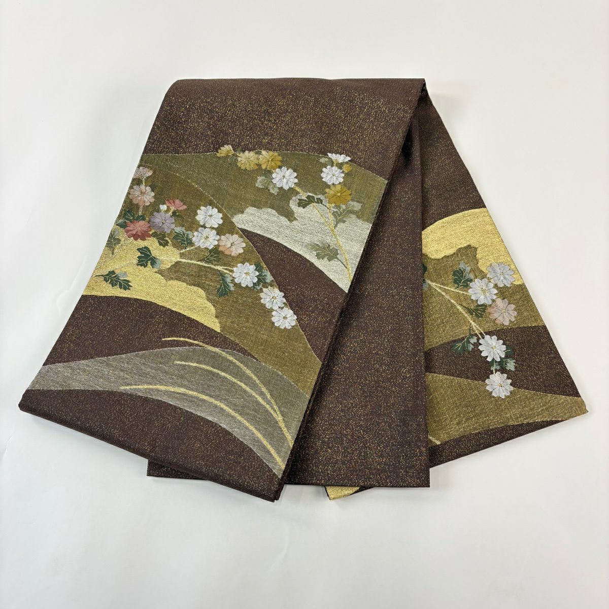 【美品】 袋帶 秀品級 菊花 雲文 金銀線 茶 お太鼓圖案 純蠶絲