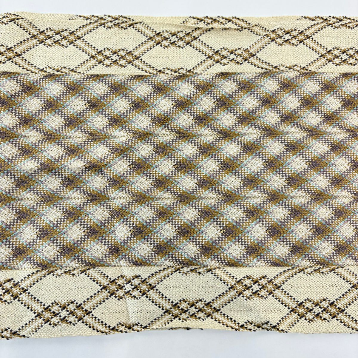 【美品】 名古屋帶 優品級 八寸名古屋帶 松樹葉仕立 斜格子 細條 金絲 米色 純蠶絲
