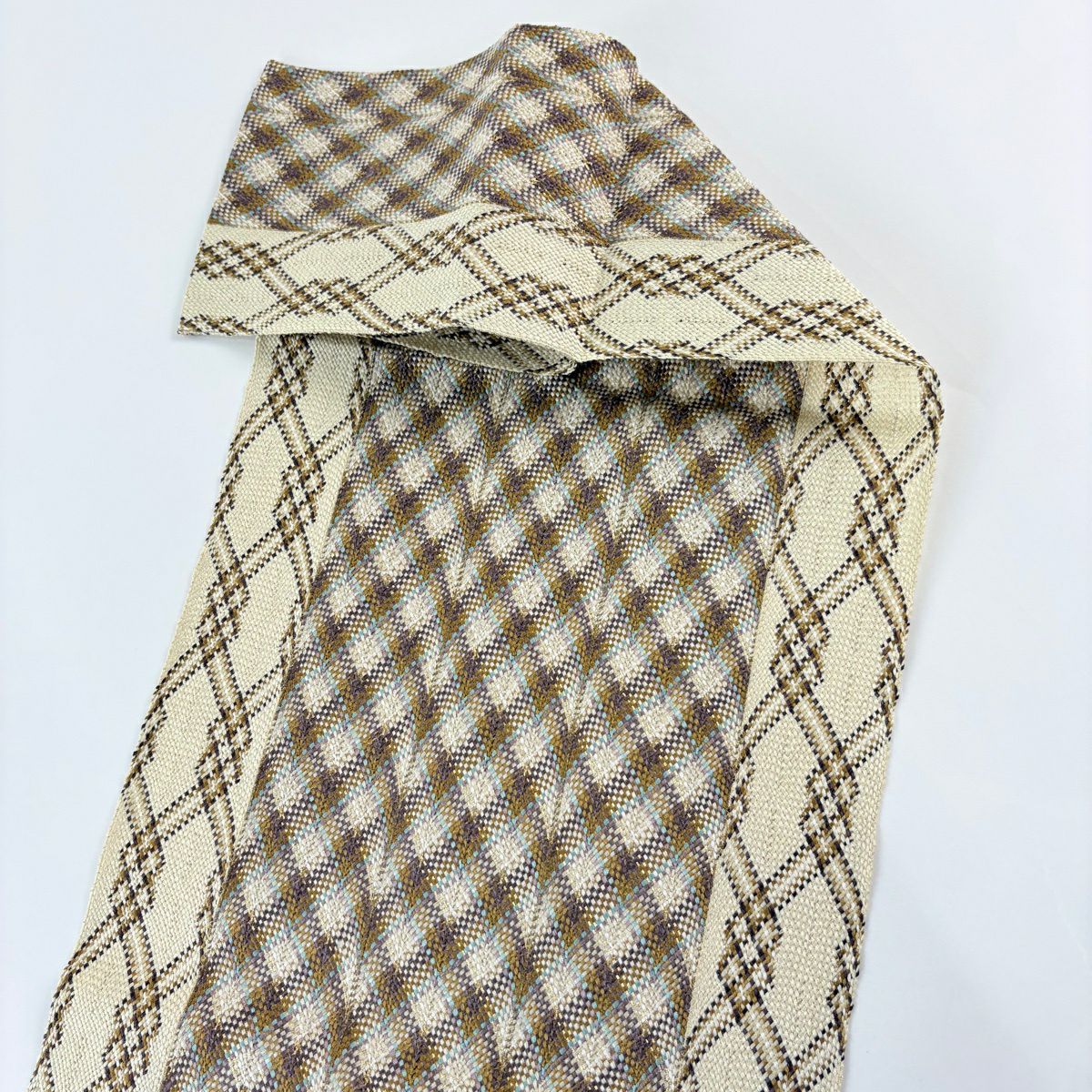 【美品】 名古屋帶 優品級 八寸名古屋帶 松樹葉仕立 斜格子 細條 金絲 米色 純蠶絲