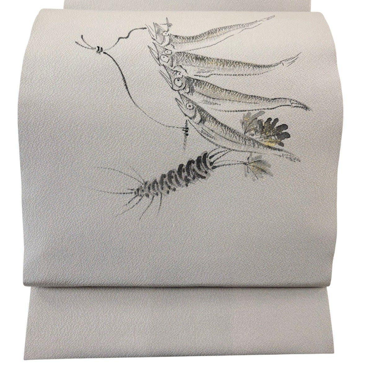 【美品】 開口名古屋帶 優品級 有落款 魚類 山葵 金銀彩 灰色 純蠶絲