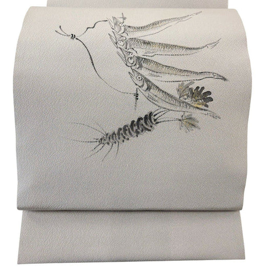 【美品】 開口名古屋帶 優品級 有落款 魚類 山葵 金銀彩 灰色 純蠶絲