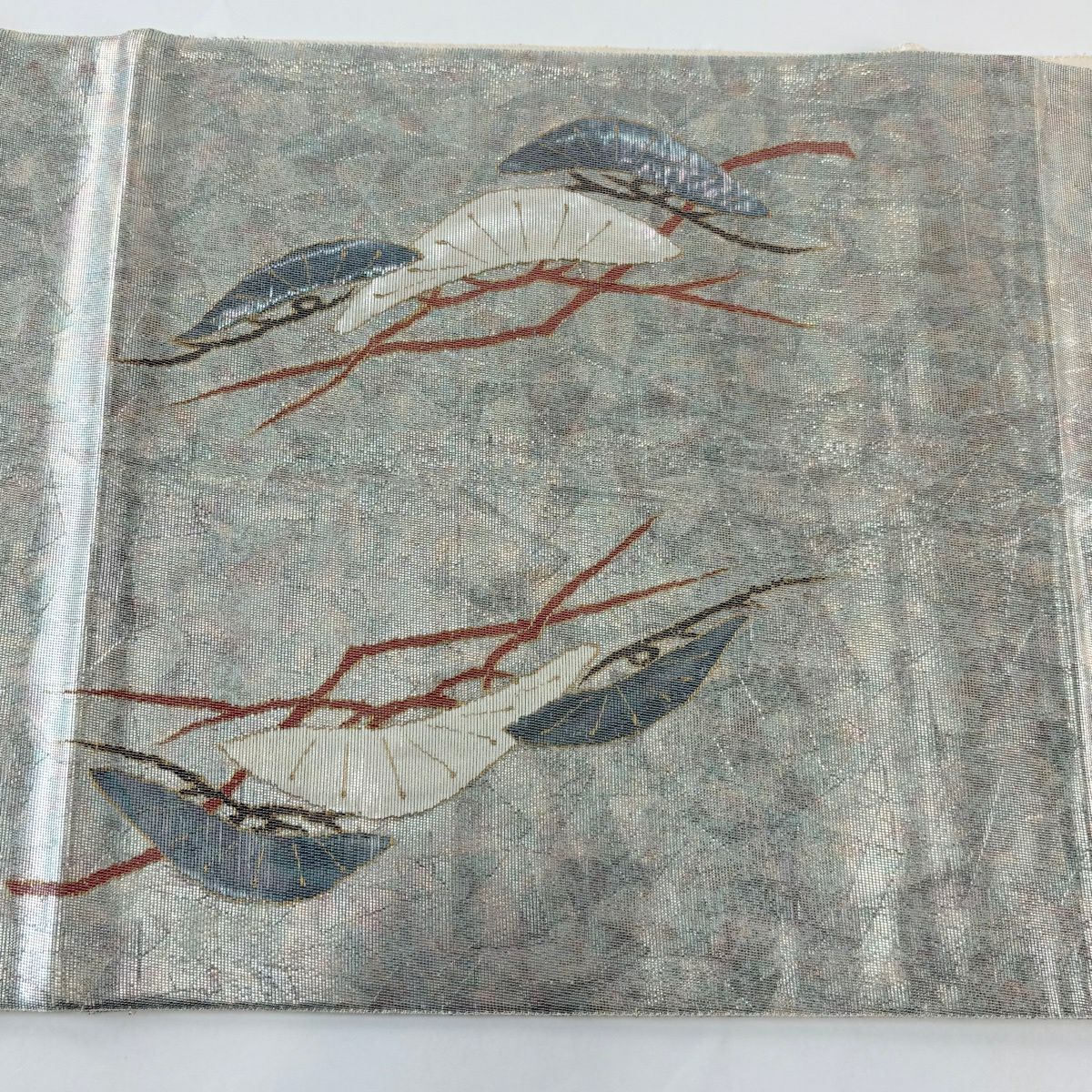 袋帶 秀品級 笠松樹 幾何學 螺鈿金金箔 銀 お太鼓圖案 純蠶絲