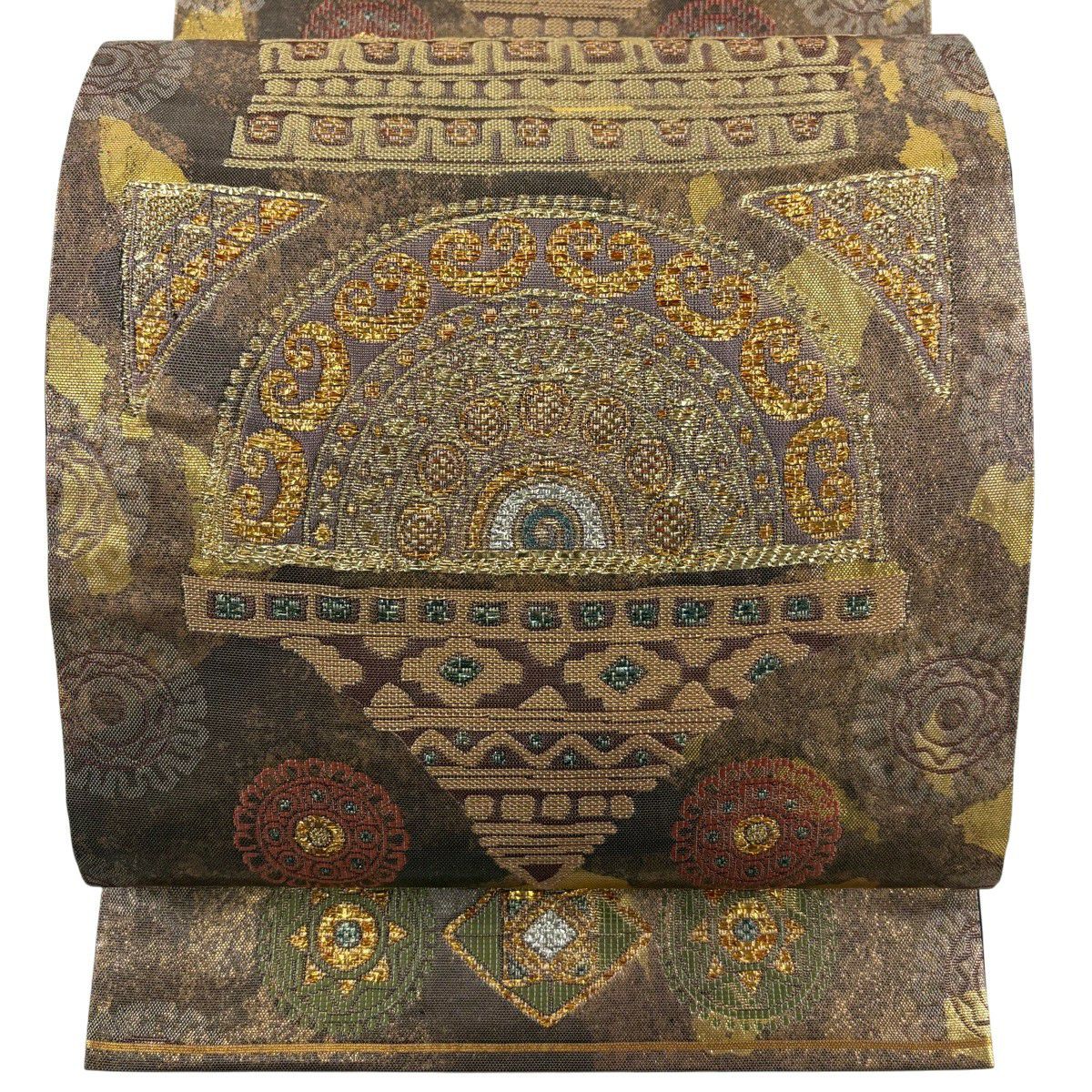 【美品】 袋帶 秀品級 幾何學 金金箔 焦茶 深藍 六通 純蠶絲