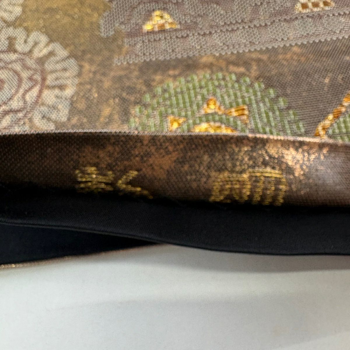 【美品】 袋帶 秀品級 幾何學 金金箔 焦茶 深藍 六通 純蠶絲