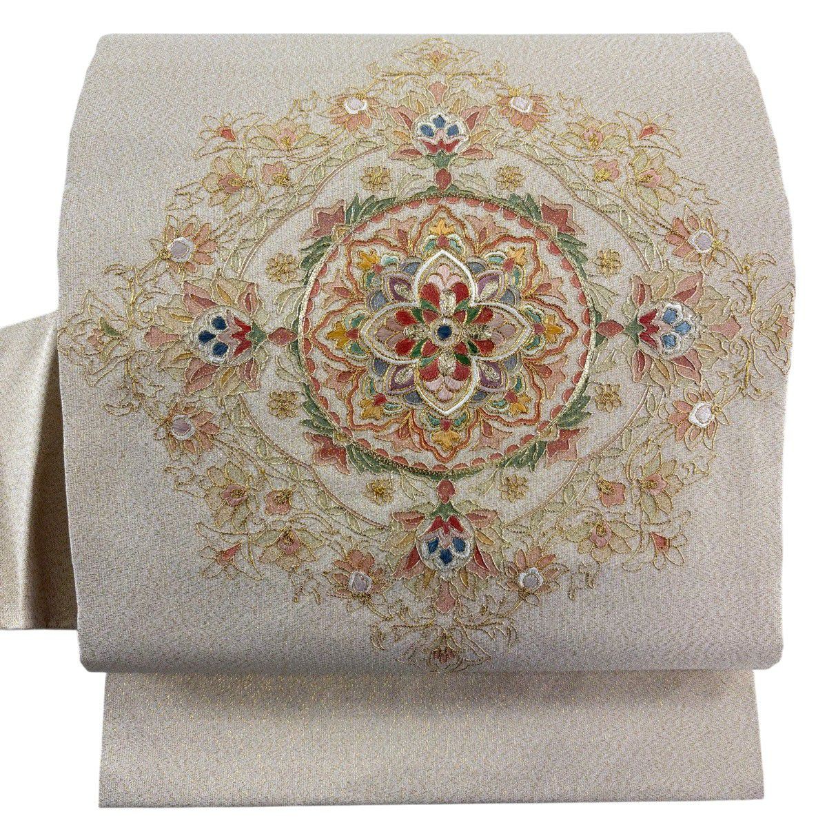 【美品】 名古屋帶 秀品級 華紋 刺繡 金線 米色 純蠶絲