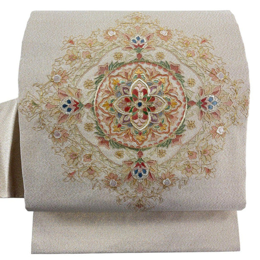 【美品】 名古屋帶 秀品級 華紋 刺繡 金線 米色 純蠶絲