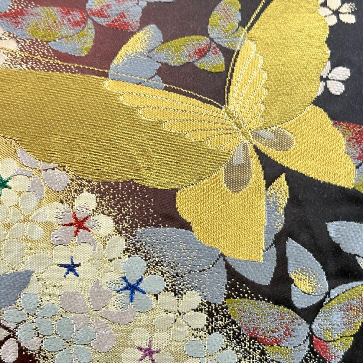 袋帶 秀品級 蝶 梅花 金金箔 唐織 黑 六通 純蠶絲