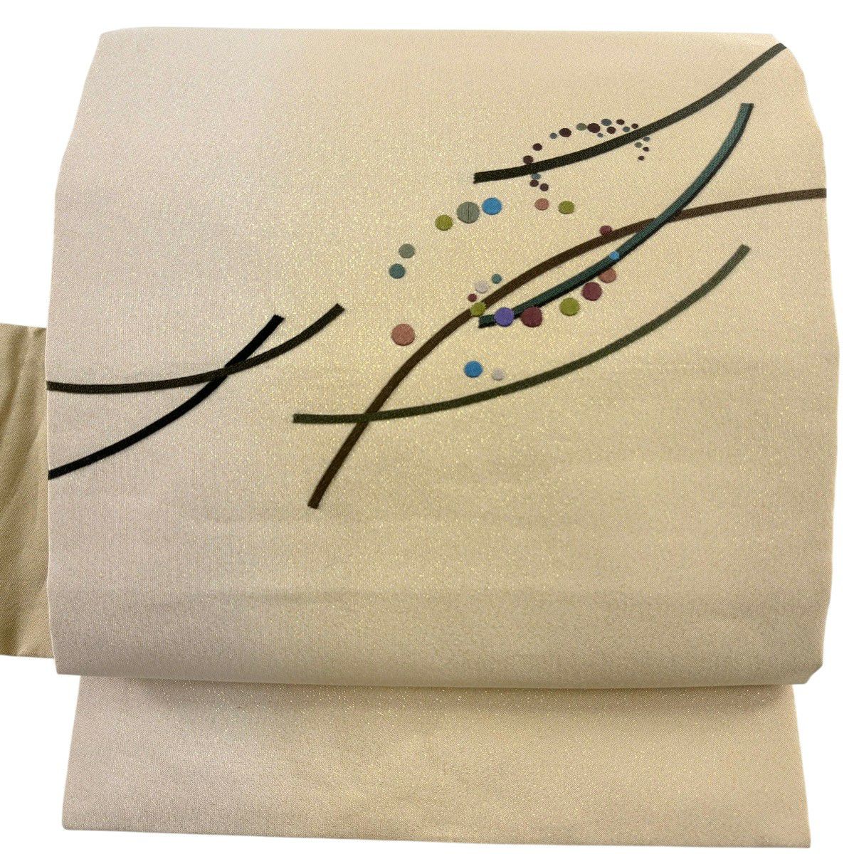 【美品】 名古屋帶 秀品級 幾何圖案 金金箔 漸層 米色 純蠶絲