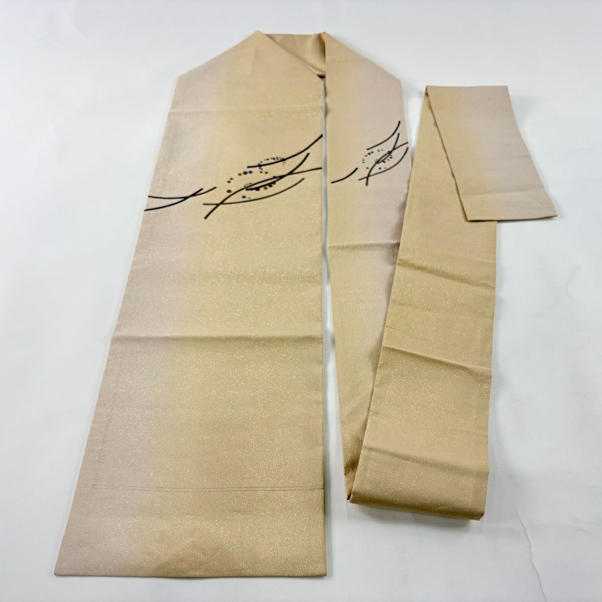 【美品】 名古屋帶 秀品級 幾何圖案 金金箔 漸層 米色 純蠶絲