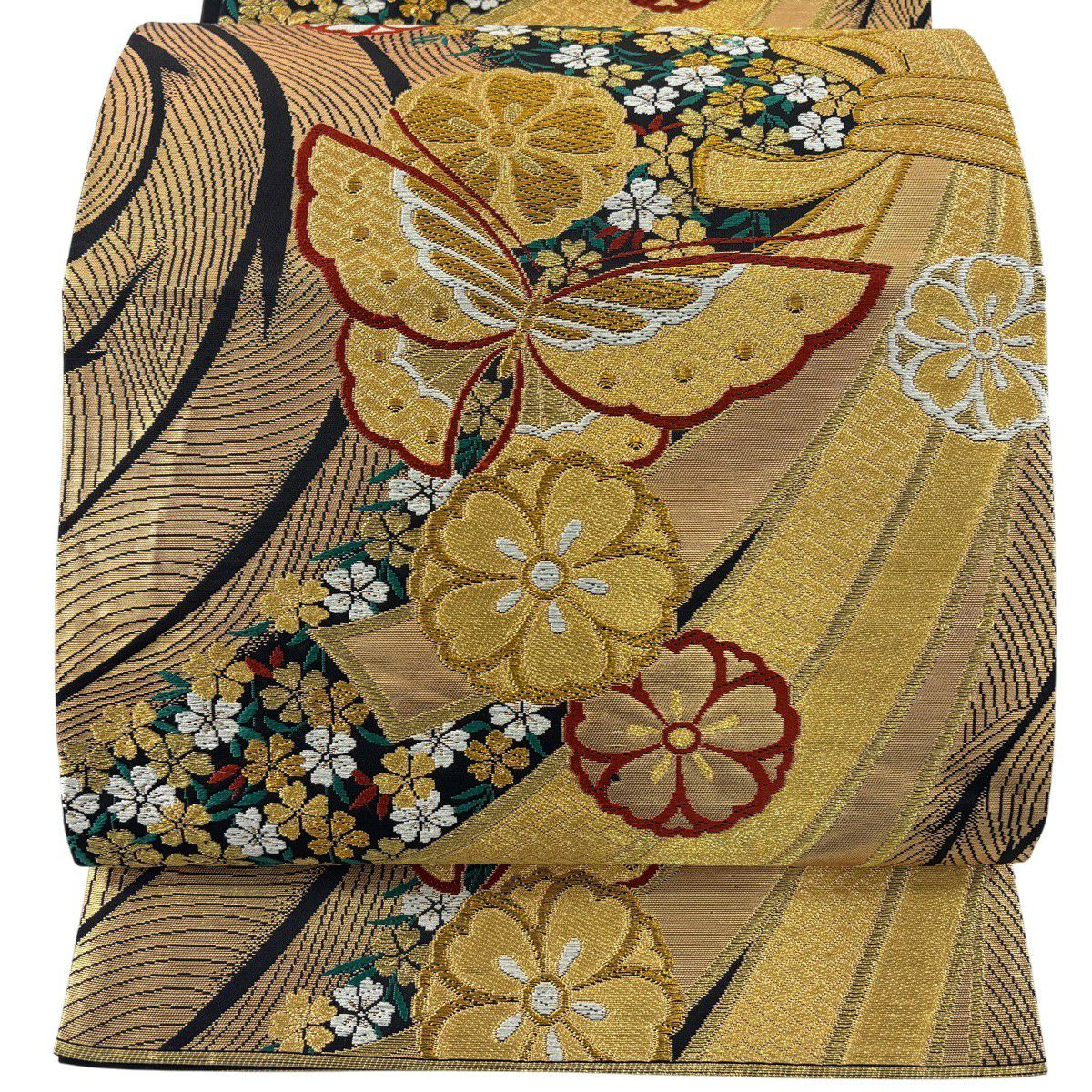 【美品】 袋帶 秀品級 蝴蝶 束熨斗紋 金絲 唐織 黑 六通 純蠶絲