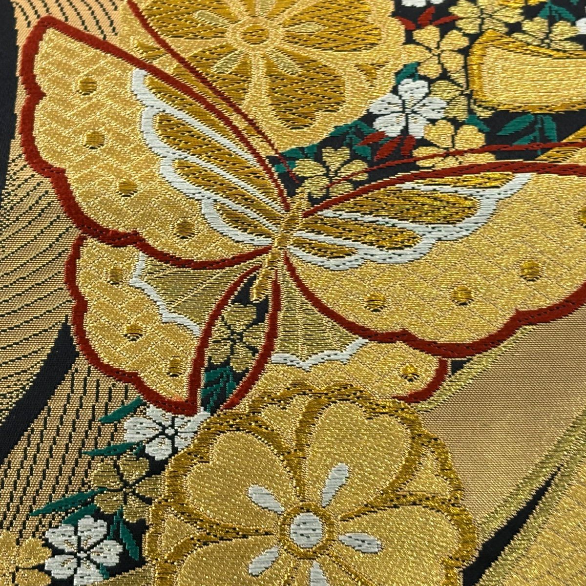 【美品】 袋帶 秀品級 蝴蝶 束熨斗紋 金絲 唐織 黑 六通 純蠶絲