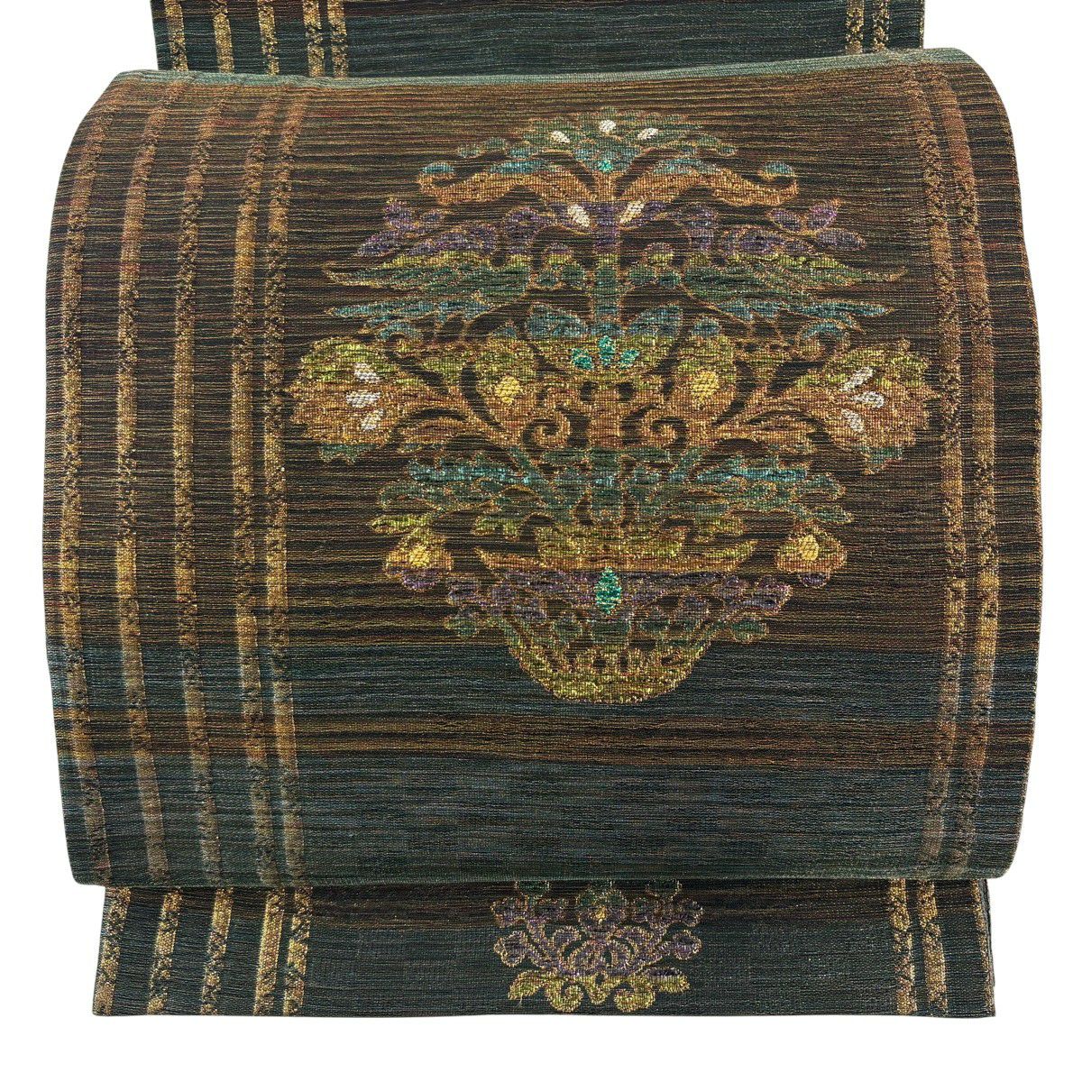 【美品】 袋帶 秀品級 草花紋紋 縞紋 金金箔 金絲 綠 六通 純蠶絲