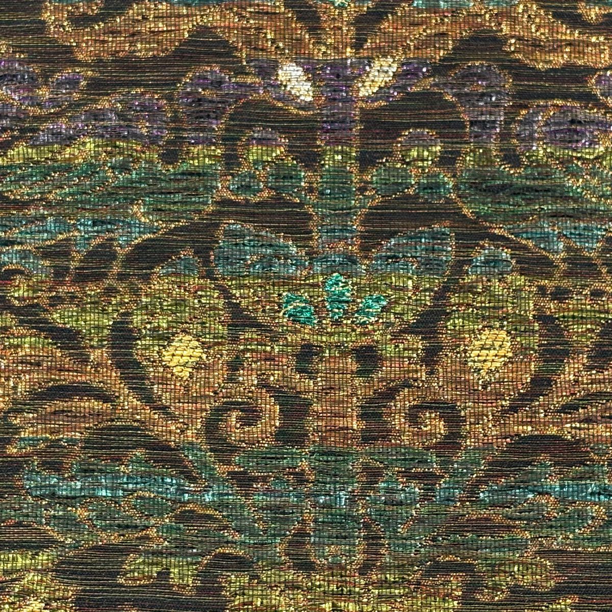【美品】 袋帶 秀品級 草花紋紋 縞紋 金金箔 金絲 綠 六通 純蠶絲