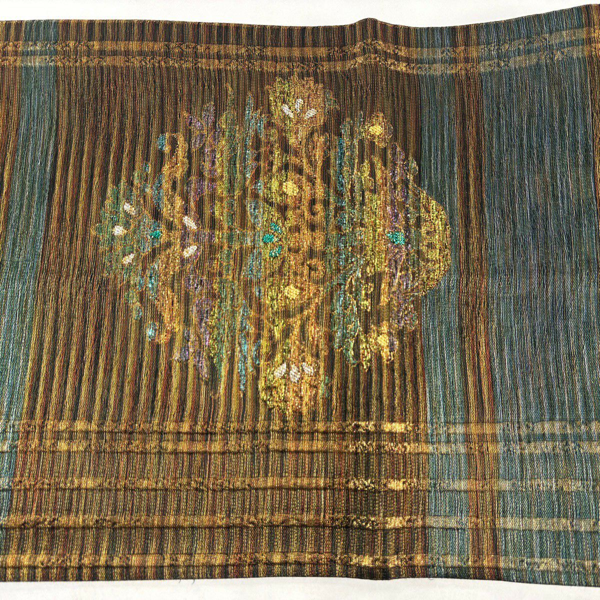 【美品】 袋帶 秀品級 草花紋紋 縞紋 金金箔 金絲 綠 六通 純蠶絲