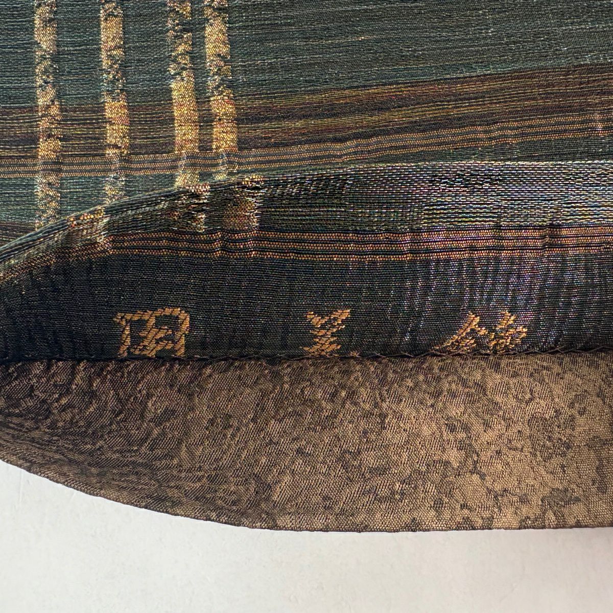 【美品】 袋帶 秀品級 草花紋紋 縞紋 金金箔 金絲 綠 六通 純蠶絲