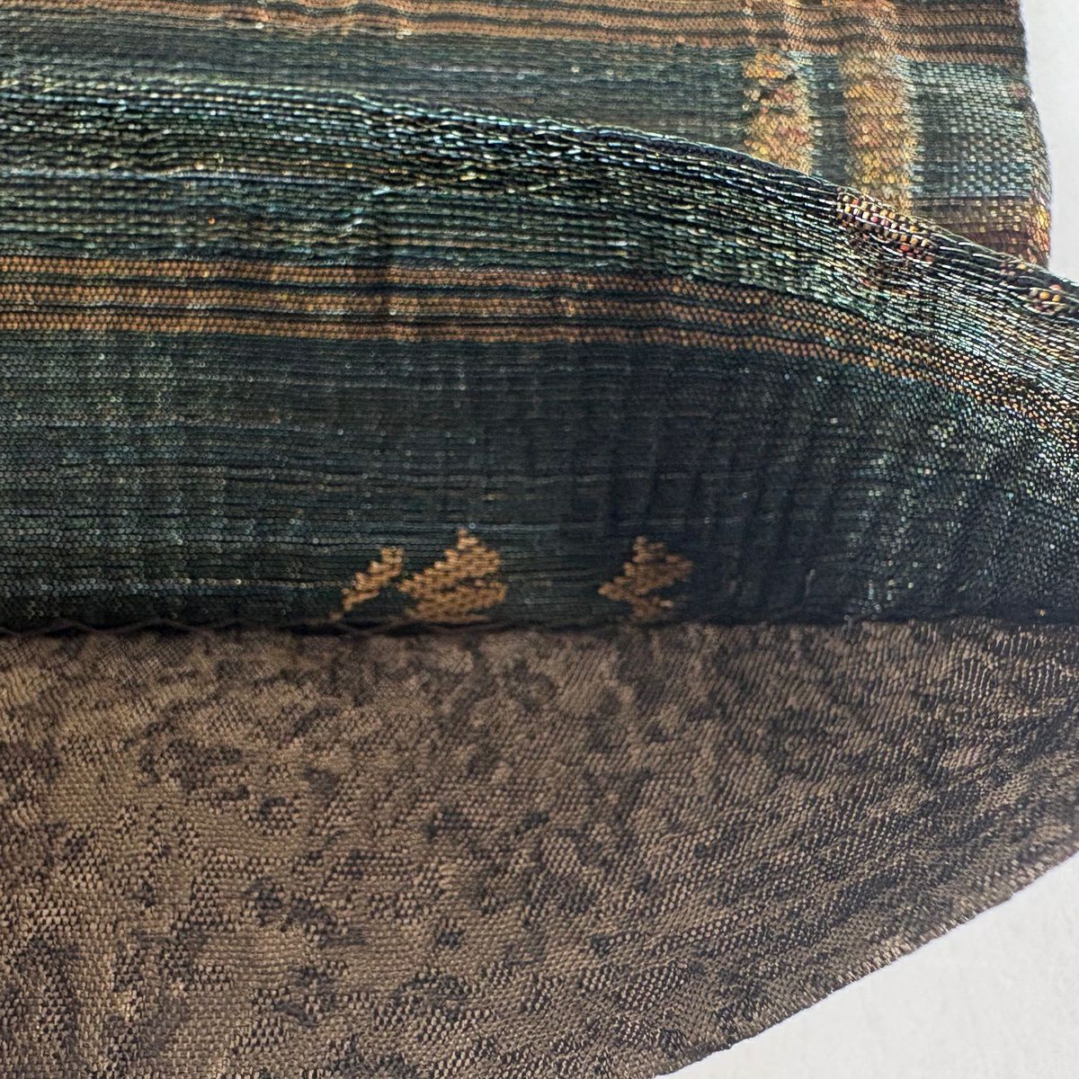 【美品】 袋帶 秀品級 草花紋紋 縞紋 金金箔 金絲 綠 六通 純蠶絲