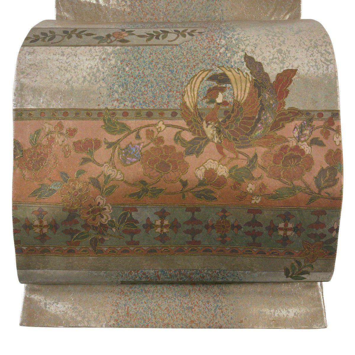 【美品】 袋帶 秀品級 花鳥 葡萄唐草紋 螺鈿金金箔 金金箔 茶 純蠶絲