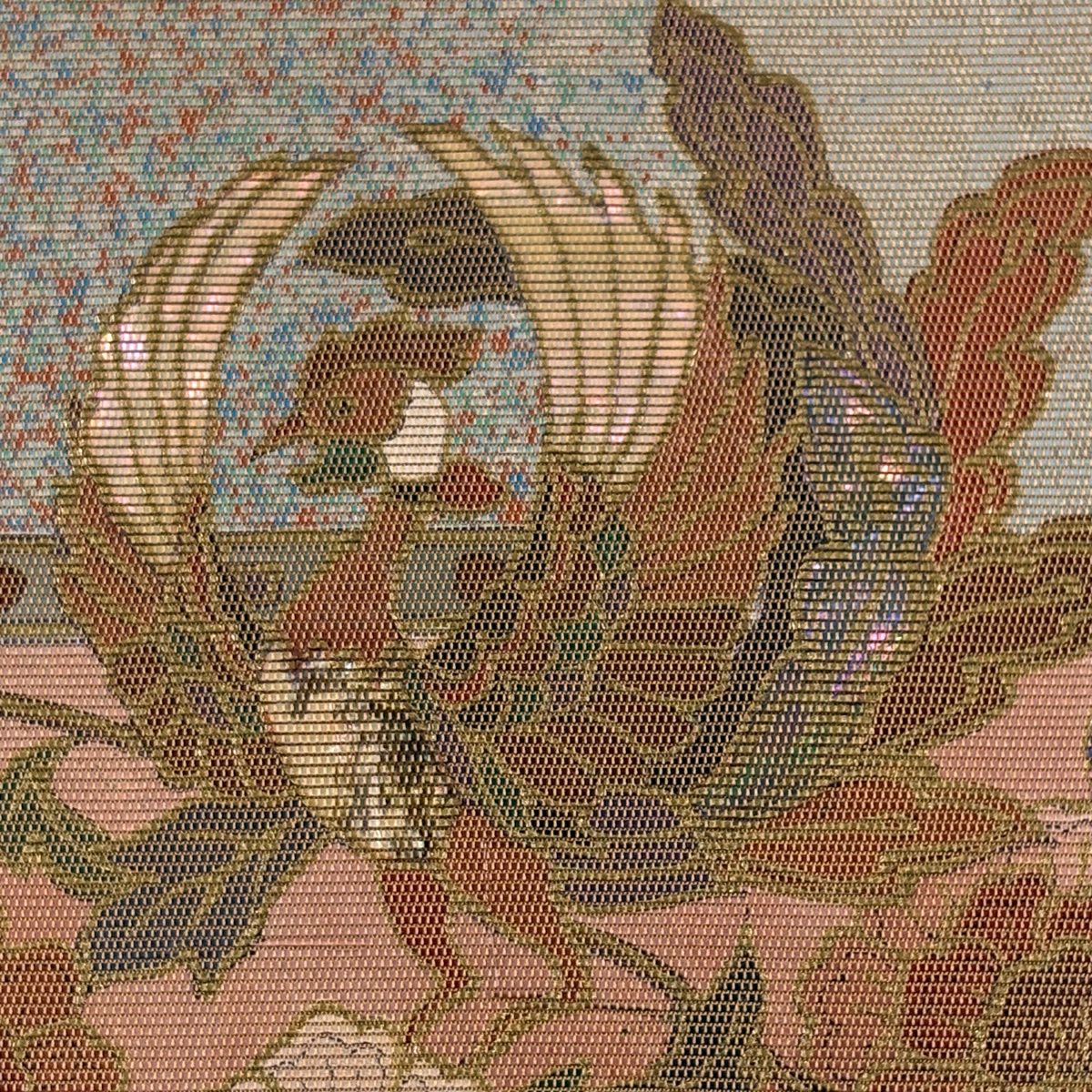 【美品】 袋帶 秀品級 花鳥 葡萄唐草紋 螺鈿金金箔 金金箔 茶 純蠶絲