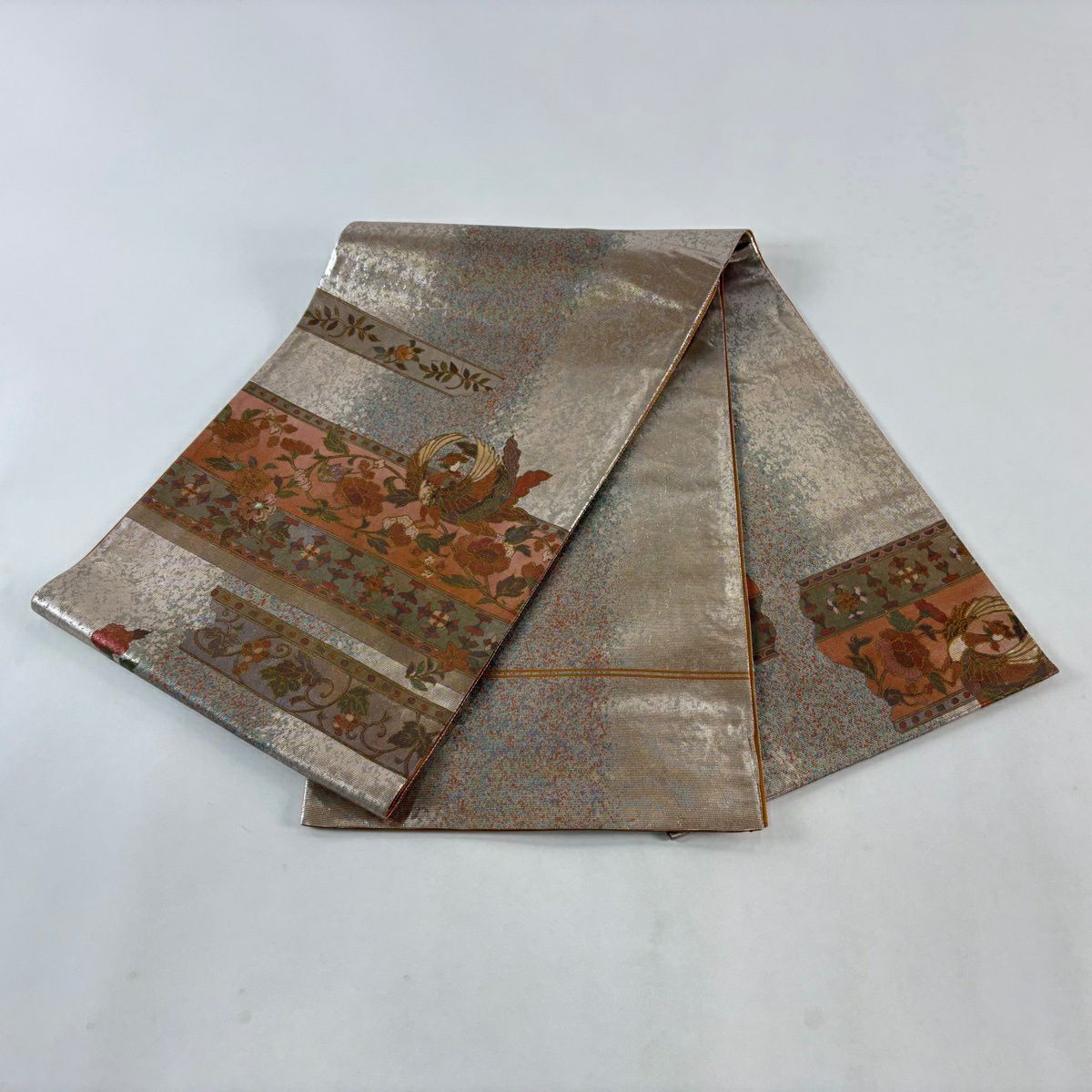 【美品】 袋帶 秀品級 花鳥 葡萄唐草紋 螺鈿金金箔 金金箔 茶 純蠶絲