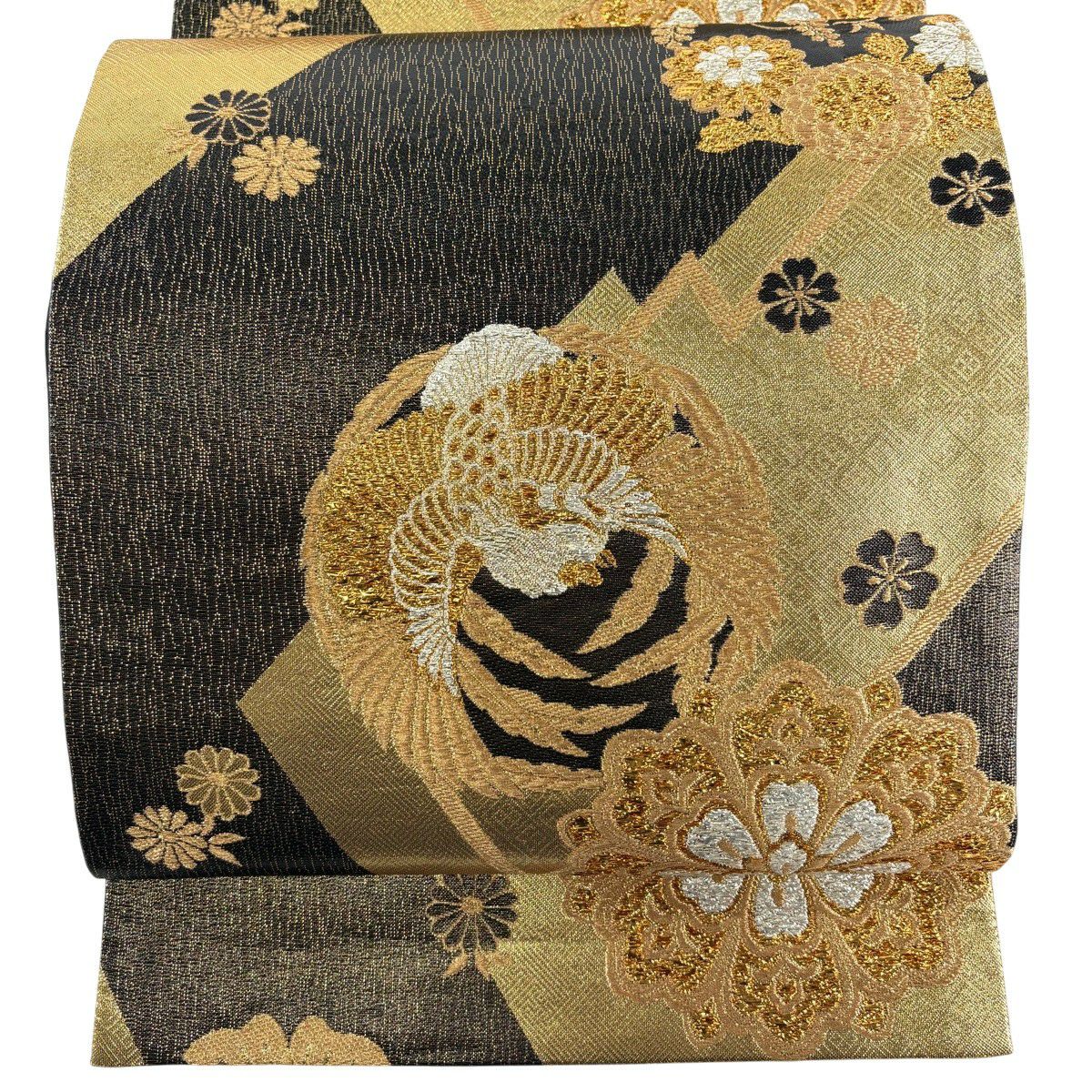 【美品】 袋帶 秀品級 華紋 花鳥 金金箔 金絲 黑 六通 純蠶絲