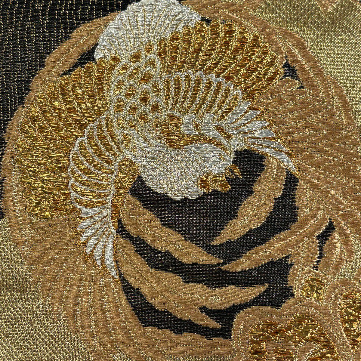 【美品】 袋帶 秀品級 華紋 花鳥 金金箔 金絲 黑 六通 純蠶絲