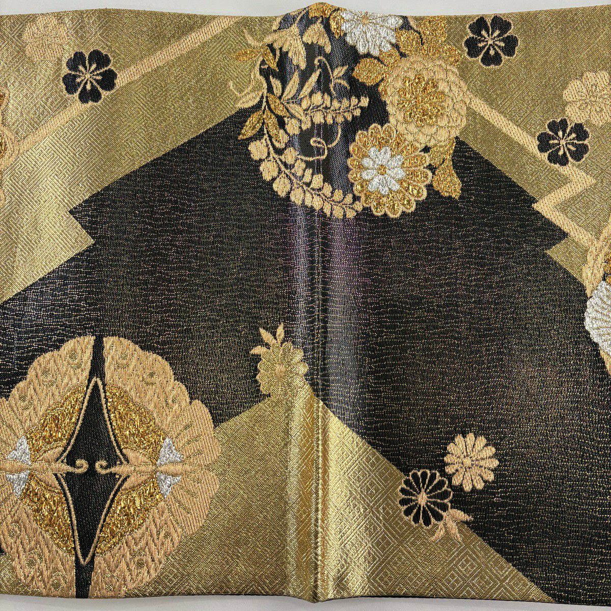 【美品】 袋帶 秀品級 華紋 花鳥 金金箔 金絲 黑 六通 純蠶絲